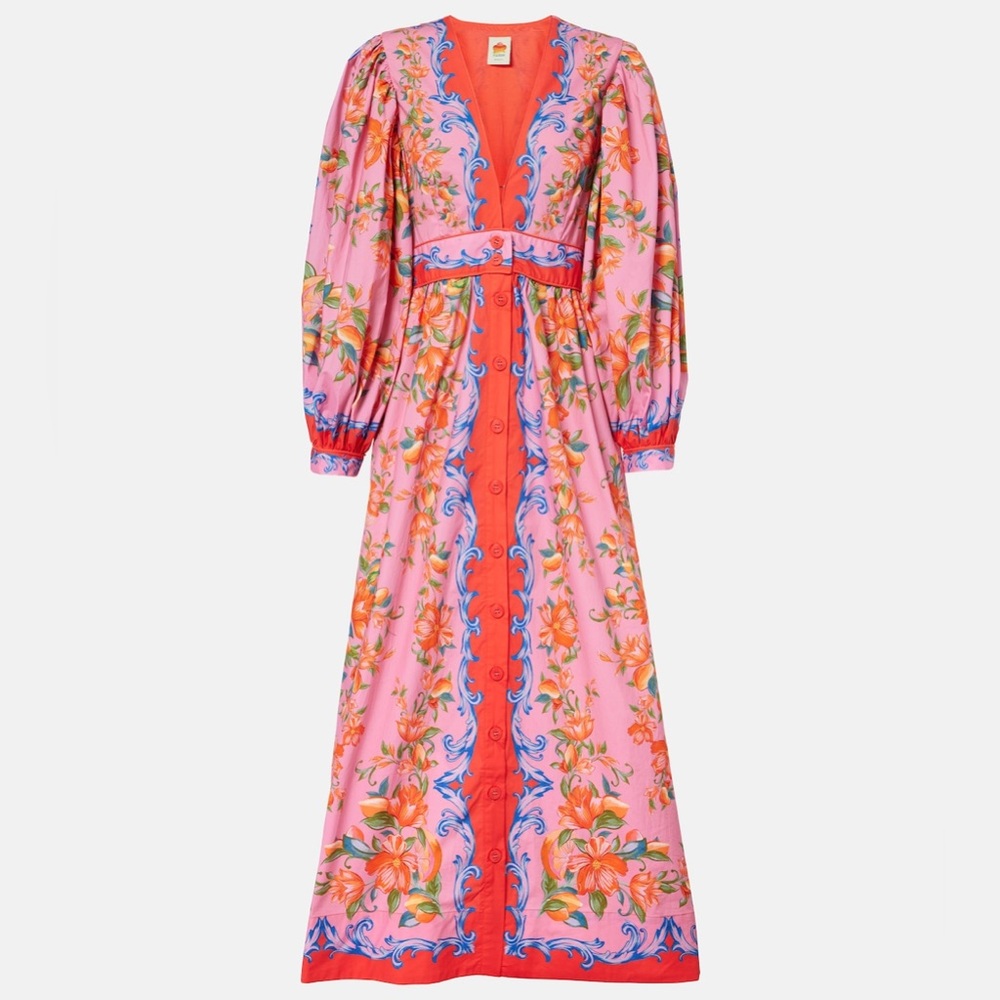 NWT Farm Rio Sicily Flowers Orange Printed Cotton Maxi Dress XS - Picture 3 of 16